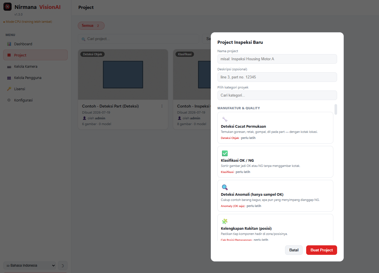Buat project inspeksi baru dari template — Nirmana VisionAI